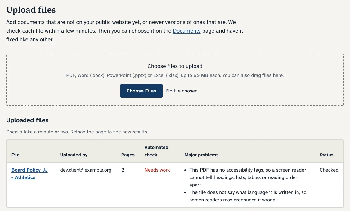 EveryReader upload screen for a demo school: a drop zone for PDF, Word, PowerPoint, or Excel files, and an uploaded board policy marked Needs work, with its major problems listed in plain language.